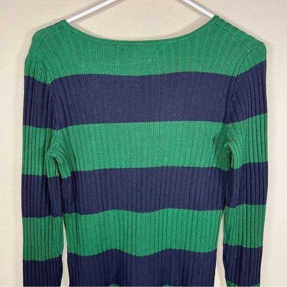 SMALL CABLE AND GAUGE GREEN BLUE STRIPED COLORBLOCK KNIT SWEATER BELL SLEEVE - Picture 6 of 9
